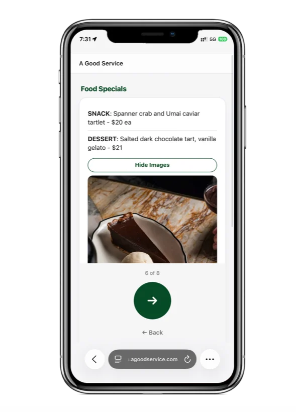 A briefing page showing the day's food specials